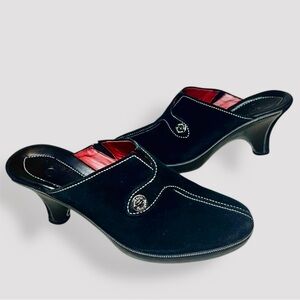 COLE HAAN Black Suede Leather Shoes 3” Heeled Mules w Stitching & Button